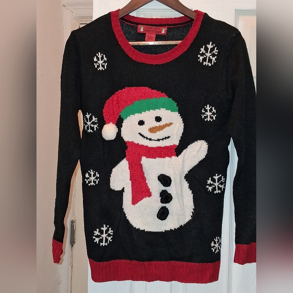 Black Snowman Holiday Crewneck Sweater with Red Trim